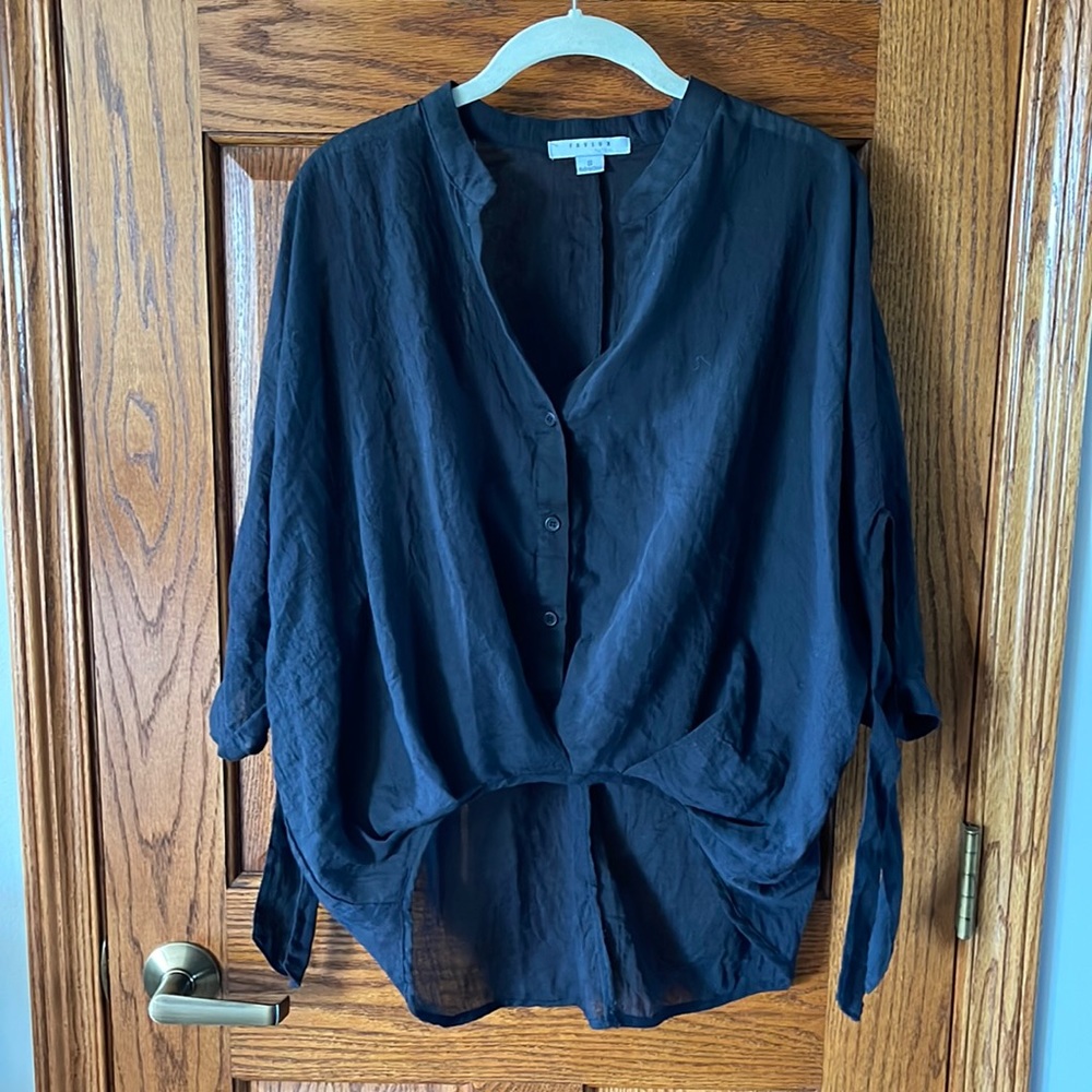 Black high low button front top